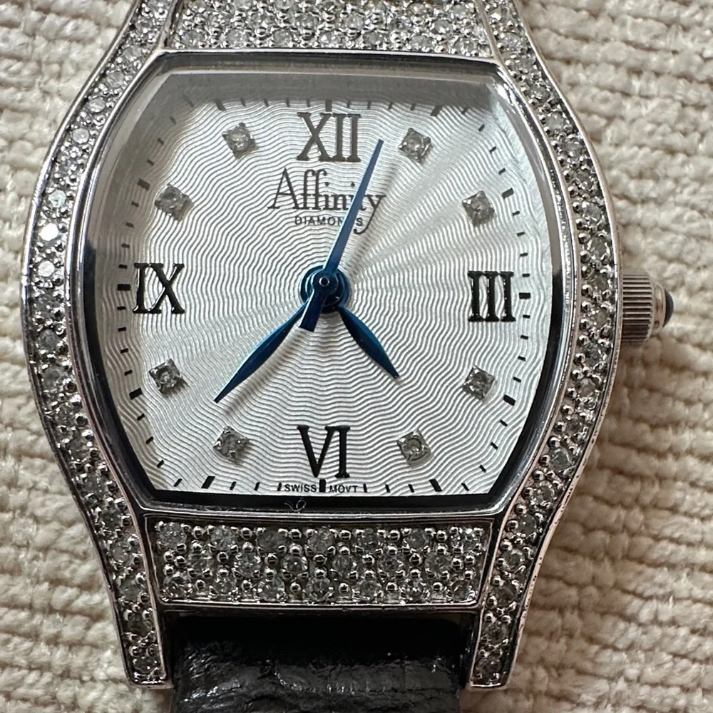 Elegant Black and Silver Affinity Leather Diamond Women's Watch.